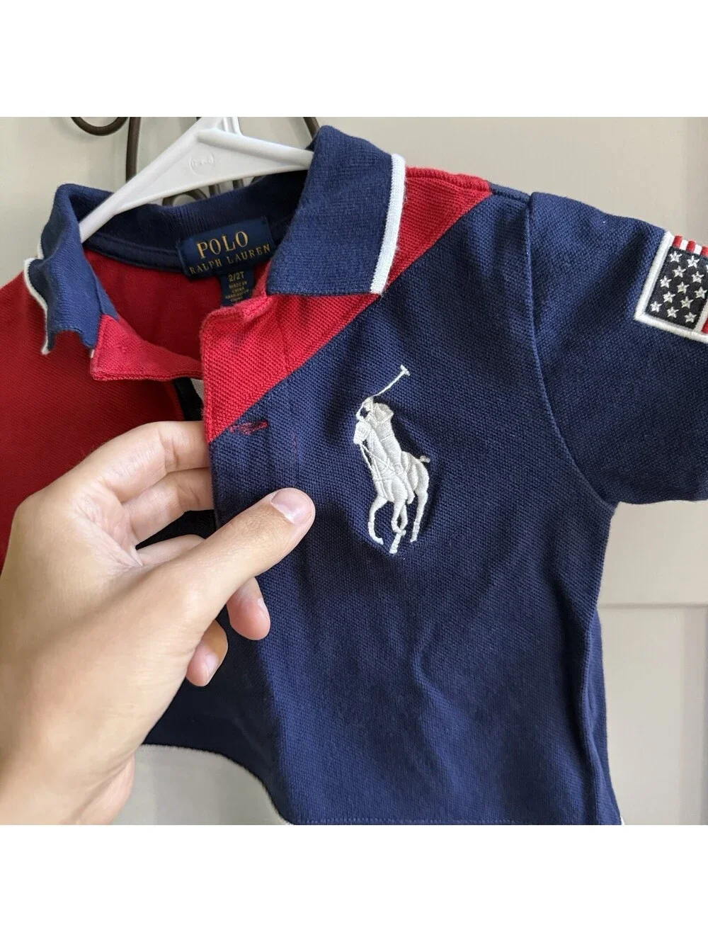 Polo Ralph Lauren Boys 2T Big Pony USA Flag Colorblock Polo Shirt Red White Blue